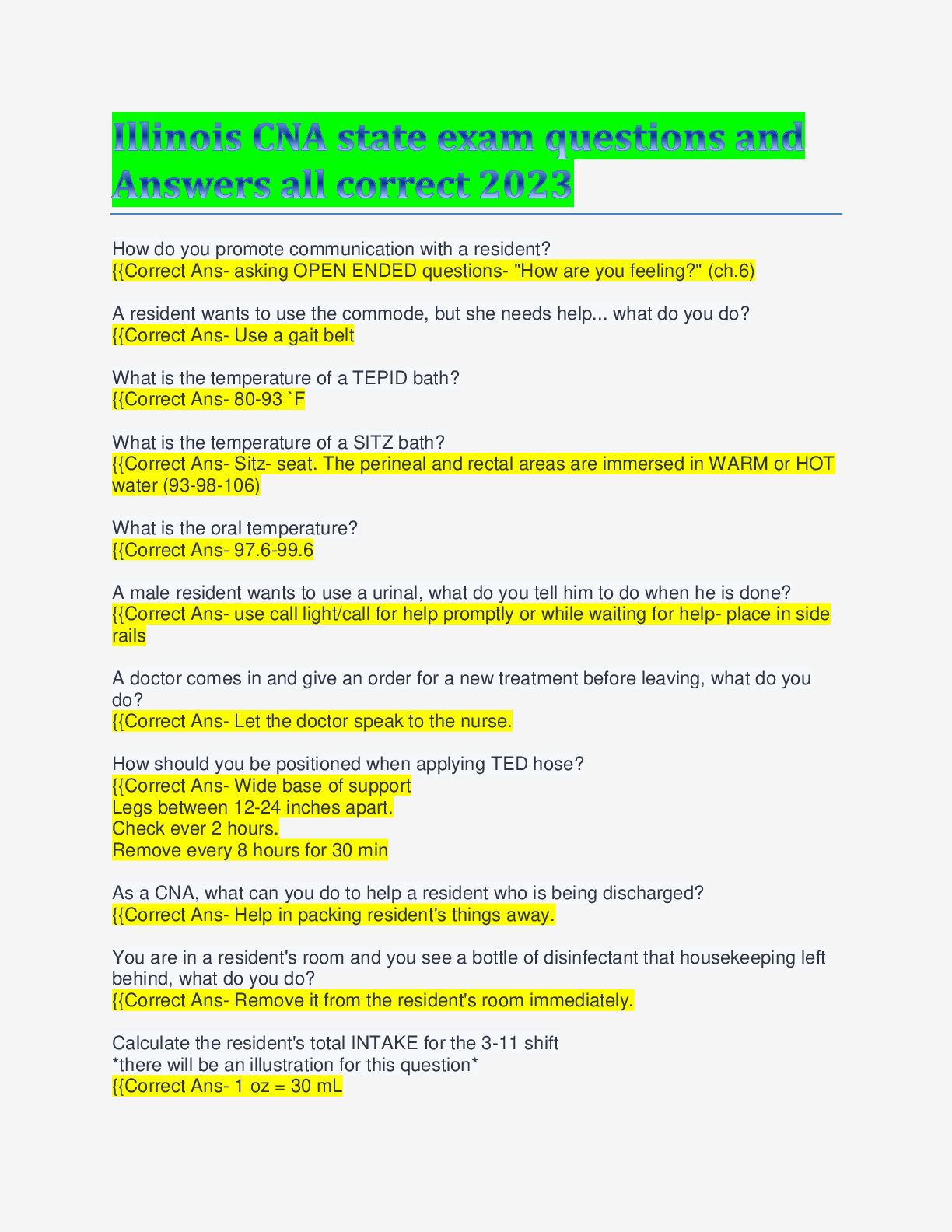 Preview image for Illinois CNA state exam questions and Answers all correct 2023